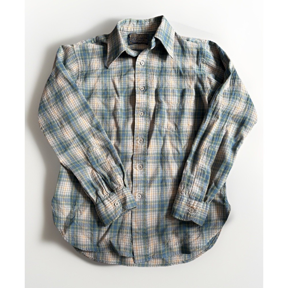 PENDLETON‎ VINTAGE Wool Shirt Adult Size MEDIUM Plaid Blue & Brown USA BLUE TAG